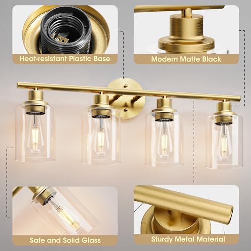 Image of Brush Gold Bathroom Vanity Light - 4-Light Bathroom Light Fixtures with Clear Glass Shades, UL Certification & E26 Base, Gold Vanity Light for Bathroom