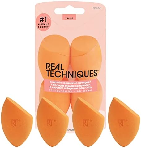 Real Techniques Miracle Complexion Sponge, Makeup Blending Sponge, For Foundation, Offers Light To Medium Coverage, Natural, Dewy Makeup, Orange Sponge, Latex-Free Foam, 4 Count