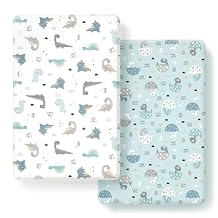 GRSSDER Stretchy Ultra Soft Jersey Knit Fitted Pack n Play Sheets Set 2 Pack, Portable/Mini Crib Sheets for Boys, Universal Fit for Pack N Plays Safe and Snug, Happy Dinosaurs for Baby