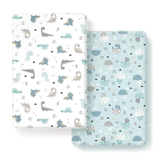GRSSDER Stretchy Ultra Soft Jersey Knit Fitted Pack n Play Sheets Set 2 Pack, Portable/Mini Crib Sheets for Boys, Universal Fit for Pack N Plays Safe and Snug, Happy Dinosaurs for Baby