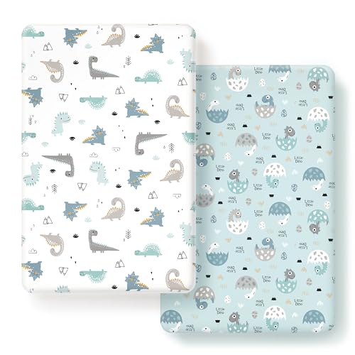Image of GRSSDER Stretchy Ultra Soft Jersey Knit Fitted Pack n Play Sheets Set 2 Pack, Portable/Mini Crib Sheets for Boys, Universal Fit for Pack N Plays Safe and Snug, Happy Dinosaurs for Baby