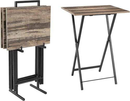 Rpuzonier Folding TV Tray Table Set of 4, Wooden TV Tray Portable Sofa Side Table, Space-Saving Industrial Snack Table End Table Dinner Table for Living Room, Bedroom, Office (Rustic Brown)