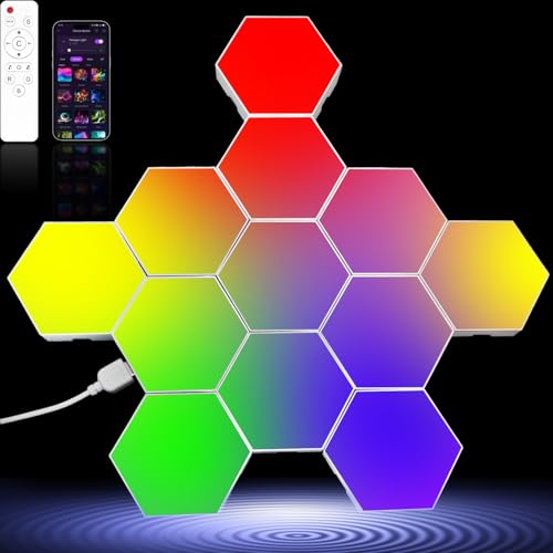 Image of RGB Hexagon Wall Lights, 12 Pack Smart LED Panel Lights with App & Remote, Music Sync, DIY Shapes for Living Room, Bedroom, Gaming Room