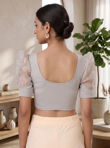Image of SFT Women's Cotton Lycra Blend Readymade Saree Blouse with Round Neck Half Sleeves Solid Pattern Knit Weave Regular Fit and Pull On Closure