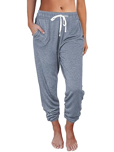 AUTOMET Women‘s High-Waisted Sweatpants with Pockets, Loose Lounge & Pajama Pants for Fall, Winter, Spring Yoga Travel Greyblue M