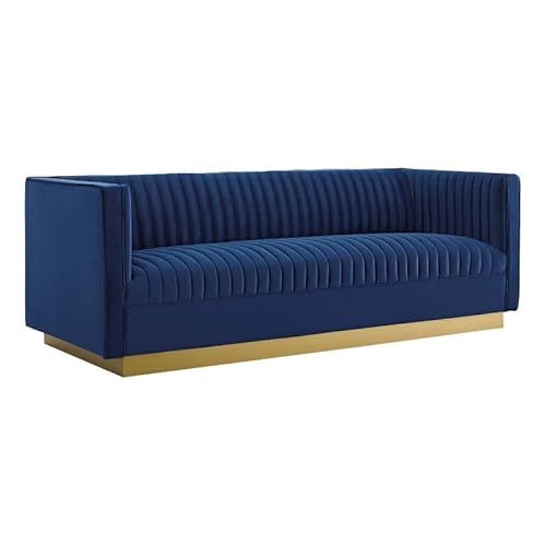 Modway Sanguine Vintage Glamour Channel Tufted Performance Velvet Upholstered Sofa In Navy #TOP10