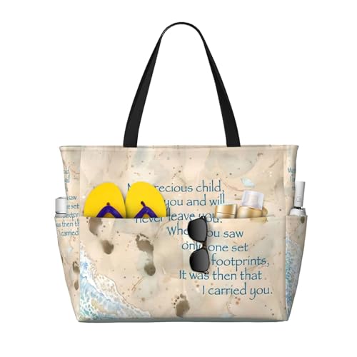 Footprints In The Sand With Quote Large Capacity Beach Travel Bag – Lightweight Foldable Waterproof & Sandproof Tote With Multiple Pockets,Beach Vacation Essentials
