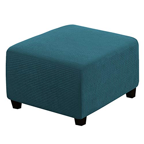 Image of H.VERSAILTEX Square Ottoman Covers Ottoman Slipcovers Folding Storage Stool Furniture Protector Form Fit with Elastic Bottom, Stretch High Spandex Small Checks Jacquard Fabric(Large,Deep Teal)