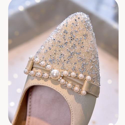 Girls Low Heel Glitter Sequin Princess Dress Shoes Pearl Mary Jane Pumps Wedding Party3