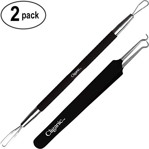 Cliganic Blackhead Remover Set: Curved Tweezers & Extractor Tool | Rubber Grip, Stainless Steel | Kit for Splinter, Comedone, Acne, Whitehead, Blemish, Pimple & Zit