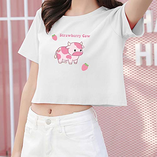 Image of KEEVICI Girls' Cute Strawberry Cow Print T Shirts Short Sleeve Crop Cotton Tops