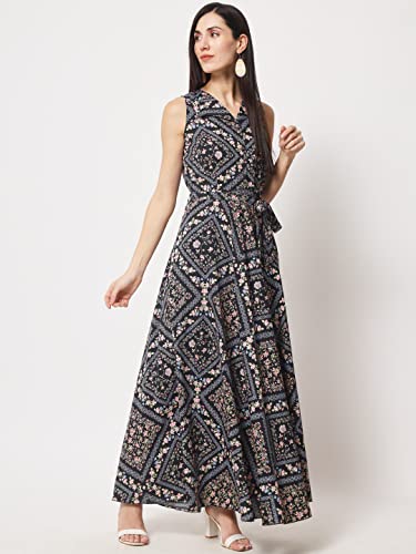 Image of Rudraaksha Women's Printed Maxi Dress Sleeveless Fit & Flare Long Dress || Western Dress for Women || Stylish Maxi Dress Dress || Summer Dress || Boho Printed Dress for Women