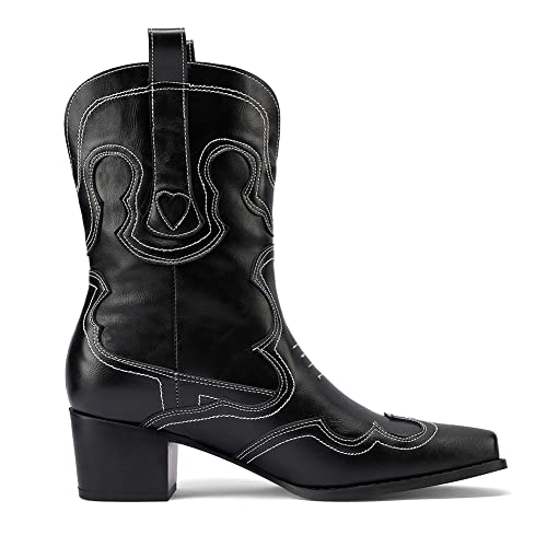 Image of Womens Embroidered Cowgirl Boots Pull On Cowboy Boots for Women Floral Low Chunky Heel Western Boots