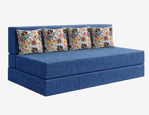 Image of Los Angeles Foldable Four Seater Sofa Cum Bed, Sofa Bed 6 X 6 Ft, Jute Fabric Washable Cover- Including Cushion Perfect for Living Room - Blue
