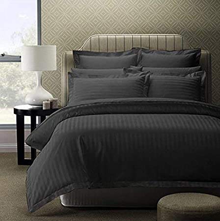 Image of YKC Glace Cotton Satin Striped Plain Color King Size Bedsheet for Double Bed with Two Pillow Covers (Dark Grey - 90 x 100 Inch)