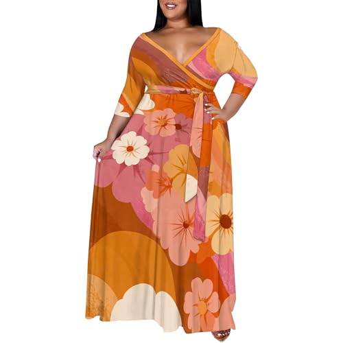 Image of SUZONANA Plus Size Maxi Dresses for Curcy Women Casual Loose 3 /4 Sleeve Long Dress with Belt