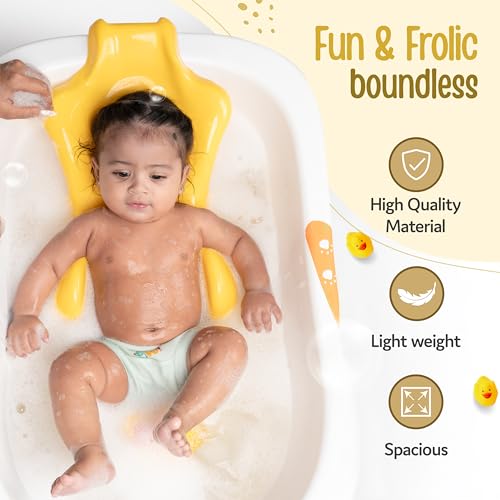 Image of LuvLap Bubble Baby Bathtub (White & Orange) & Anti Slip Baby Plastic Bath Chair (Yellow) for 6 Month - 3 Years, Bathtub with Drain Plug, Baby Bath Seat /Sling with Non Slip Suction Base