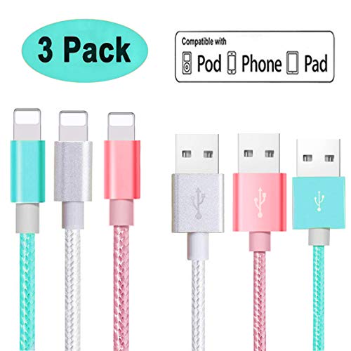 Phone Charger Cable 3PACK Fast Charger [6FT] Nylon Braided to USB Power Cord Compatible Phone X/8/8 Plus/7/7 Plus/6/6 Plus/Pad and More (Pink+Green+White)