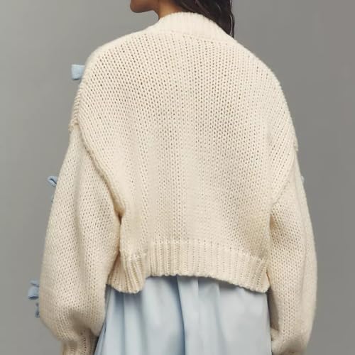 Women's 3D Bows Crop Cardigan Long Sleeve Drop Shoulder Open Front Knitted Cute Sweater Bolero4