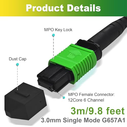 Image of 2Pcs 3m MPO Fiber Optic Patch Cord, Single Mode Cable Jumper Plug, Female to Female, 12 Core 6 Channel Type B, APC end face, LSZH 3.0mm G657A1, Compatible with 8 Core 4 Channel MPO