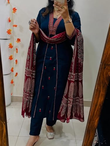 Image of ANNI Designer Navy Blue Pure Cotton A-Line Kurta Pant Dupatta Set for Women | Embroidery 3 Piece Suit with Straight Pants & Matching Dupatta | Festive Office Ethnic Wear