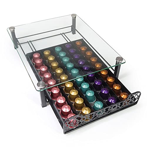 RECAPS Coffee Pods Organizer Kitchen Organizer Compatible with Nespresso Tempered Glass Holder Storage Drawer Holds Different Brands of Coffee Pods