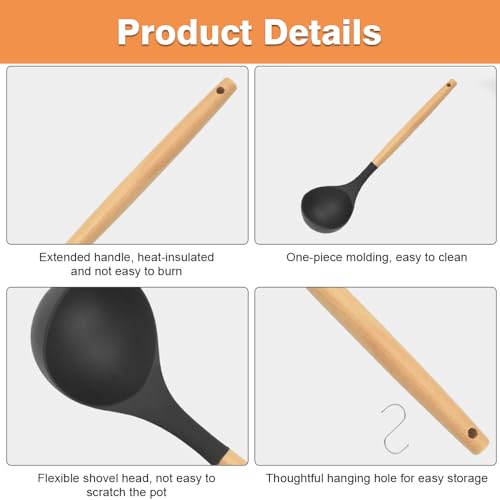 Kitchen Utensil Set, 12 Pcs Silicone Cooking Utensils Set, Silicone Kitchen Utensils Set Cooking Utensils Set with Holder Natural Wooden Handles Cooking Tool(Black) - Image 4