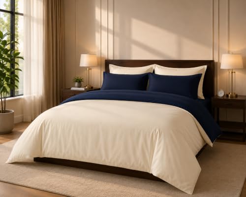Image of Duvet Cover Single Size Bed (60x92 Inch) 1 Duvet Cover + 4 Pillow Covers with Zipper 600 TC Cotton Reversible Luxurious Quilt, Comforter, Rajai, Blanket Cover (Ivory /Navy Blue)