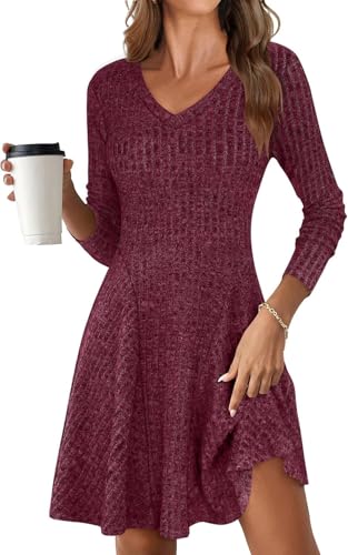 ROFUSSO Abito a Maniche Lunghe in Maglia da Donna Autunnale Con Scollo a V Elegante Midi Casual al Ginocchio Con Linea ad A Invernale (Borgogna, M)
