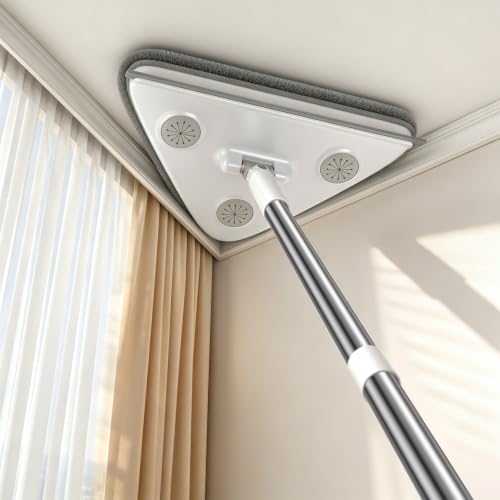 Image of Long Handle Wall Mop & Baseboard Cleaner, 3-in-1 Wall Cleaner Mop with Extension Pole & Squeegee, Ceiling Cleaning Tool Duster with 3 Microfiber and 3 Chenille Pads for Windows, Floors, Cabinet