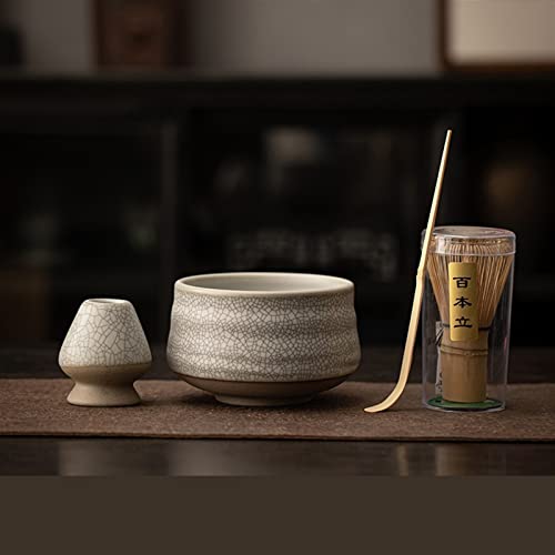 SXYAO Japanese Matcha Kit Ceremonial 4-Piece Set, Ceramics Glaze Matcha Bowl Whisk Holder Bamboo Spoon Matcha Whisk Set Traditional Tools Tea Lovers(A crack gray-white)
