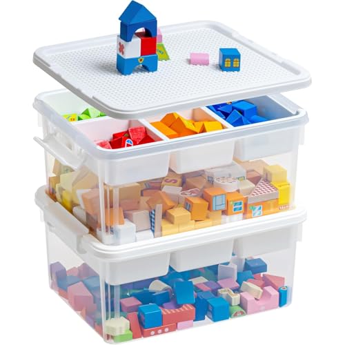 Image of ITYLIFE CITYLIFE 17 QT Lego Storage Box with Building Baseplate Lid and Removable Tray Office Organization Kitchen Organization Toy Storage Lego, Bead, Tool, Sewing, 2 Packs