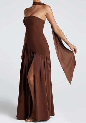 Women's Elegant Strapless Long Dress with Scarf Cocktail Wedding Guest Prom Maxi Dresses with Slit4