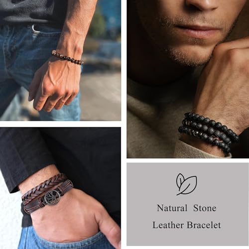 FIRAZIO Tiger Eye Bracelet For Men 8MM Natural Stone Stretch Adjustable Tree of life Leather Bracelets Mens Accessories Pulseras Para Hombres Crystal Beaded Bracelet for Men Women Gifts3