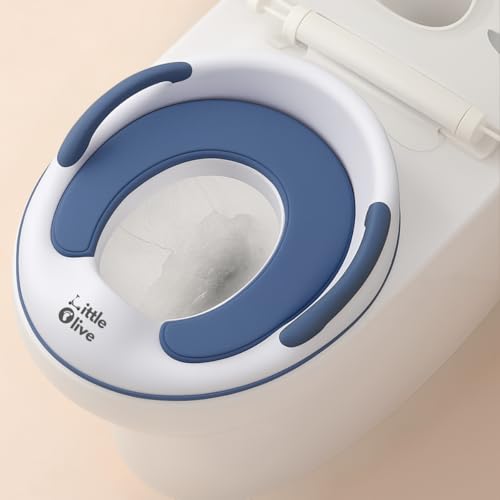 Image of Little Olive Baby Potty Seat with Backrest and Splash Guard | Soft Cushioned Toilet Trainer for Toddlers | Ergonomic Blue Potty Training Seat for Home and Travel