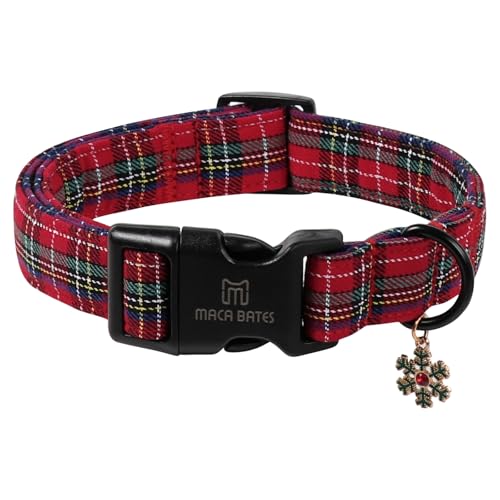 Maca Bates Christmas Scottish Dog Collar for Small Boy Girl with Green Snowflake Charm,Red and Black Plaid Pattern,Winter Gingham Adjustable Durable Collars for Male Female Puppy