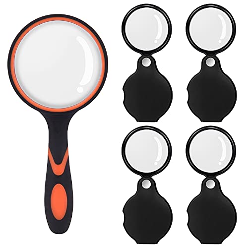 4PCS 10X Mini Magnifying Glass Folding Pocket Magnifying Glass, Black Rotating Protective with 1PCS 7X Handheld Rubber Reading Magnifier Glass, for Reading, Books, Jewelry.