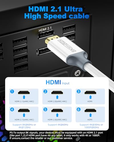 Image of 8K HDMI Cable, 10ft 48Gbps High Speed DHDMI Cable Braided Cable, 8K@60Hz 4K@120Hz /144Hz /240Hz,Compatible with TV,HDR10,HDCP 2.3,PS5,Xbox Series X,Soundbar,LG TV