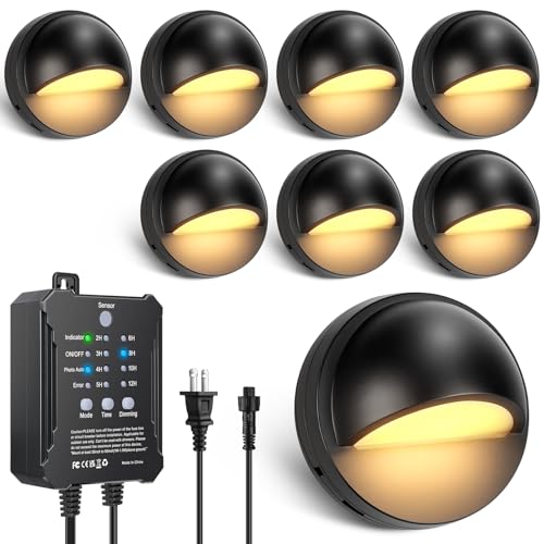 8 Pack Low Voltage LED Deck Lights Kit with Plug-in Transformer, Dusk-to-Dawn Photocell Sensor and...