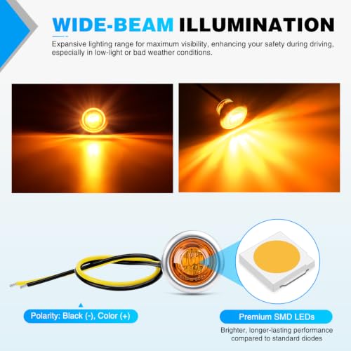 Image of Nilight 3 /4 inch Round Marker Lights 20PCS Amber Side Bullet Clearance Light | 304 Stainless Steel Bezel with IP68 Waterproof Hardwired Bright LEDs and 2 Wire Design for 12V Trailers Trucks Campers Boats