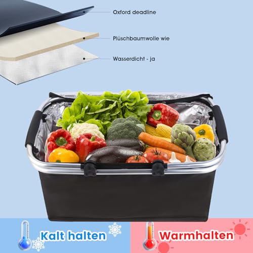 kühlkorb einkaufskorb 30L,Mit Reißverschluss isolierter, Faltbarer Picknickkorb,Klapprahmen aus Aluminiumlegierung mit Griff, gepolsterte Stützstange,für Picknicks im Freien, Einkaufen und Reisen