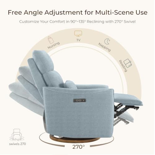 Image of CHITA Power Swivel Glider Recliner Chair, Nursery Glider, Baby Blue | Nursery Rocking Chair with Adjustable Power Headrest, FSC Certified Solid Wood Base for Living Room