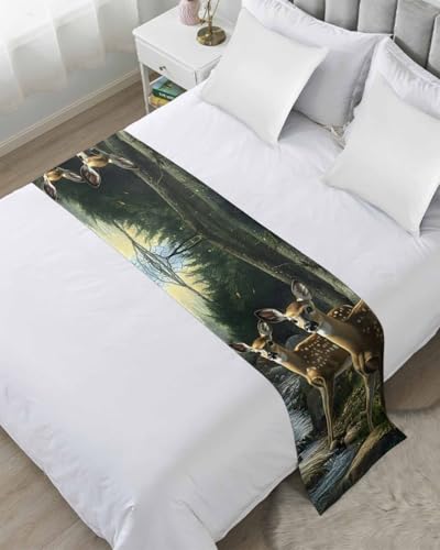 Forest Deer Bed Runner for Twin Size, Farmhouse Elk River Bedspread Protector Slipcover Bed Scarf for Foot Runners & Scarves for Bedroom Hotel Wedding Room 71x20 Inches