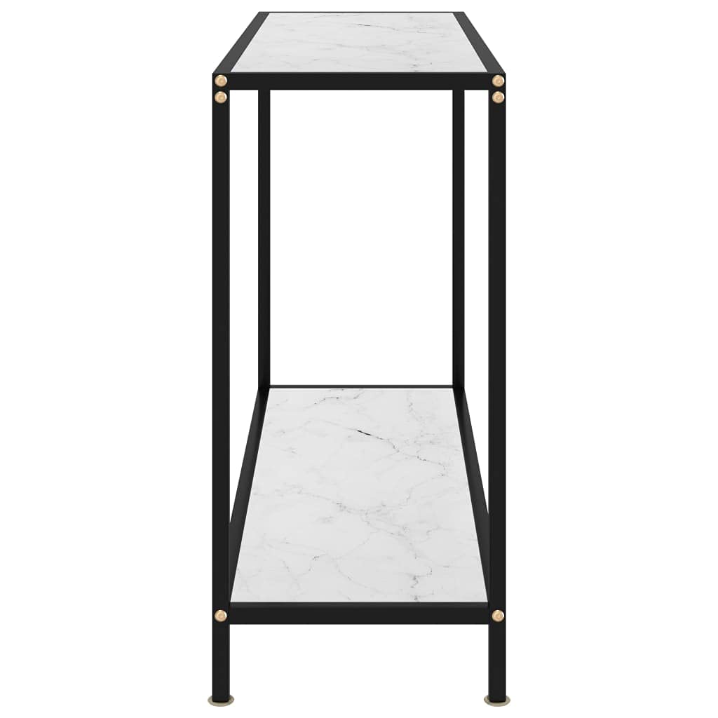 Biały stolik konsolowy, 100 x 35 x 75 cm, ze szkła hartowanego i stali malowanej proszkowo, z półką, do korytarza, salonu, biura, stylowy wygląd marmuru