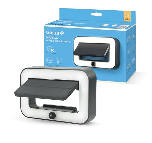 Garza - Aplique de Exterior Solar LED 500lm, 4000K, con Sensor de Movimiento – 3 Modos, IP54, 20h Autonomía, Iluminación Exterior para Jardín y Patio. Instalación en pared.