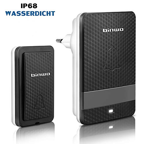 [KEINE BATTERIEN ERFORDERLICH] Funkklingel Türklingel, Binwo Funkklingel Außenbereich Wasserdicht 1 empfänger, Klingel Haustür Funk mit 4 Lautstärkestufen, Funk Türklingel Set mit 180m Reichweite