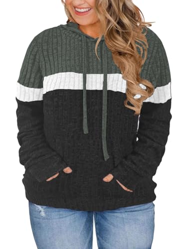 VISLILY Sweaters for Women Plus Size Casual Color Block Tops Winter Cute Hoodies Loose Fit Sweatshirts 5Xl Green