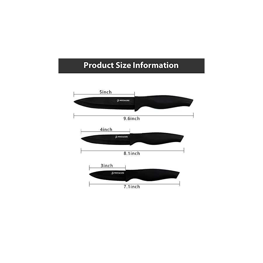 Magiware 6-Piece Paring Knife Set with Sheaths-Ceramic Blade Sharp Rust Proof Stain Resistant (include 5inch Utility Knife, 4inch Fruit Knife,3inch Paring Knife)-Black (win0529)