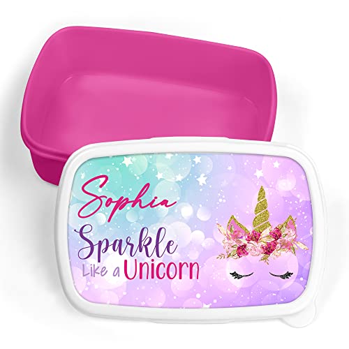 Print Maniacs Personalised Lunch Box Sparkle Unicorn School Sandwich Kids Picnic Snack Food Bag Children's Travel Girls Boys Toddler Box Tub Pack Box (Pink, Add Name)