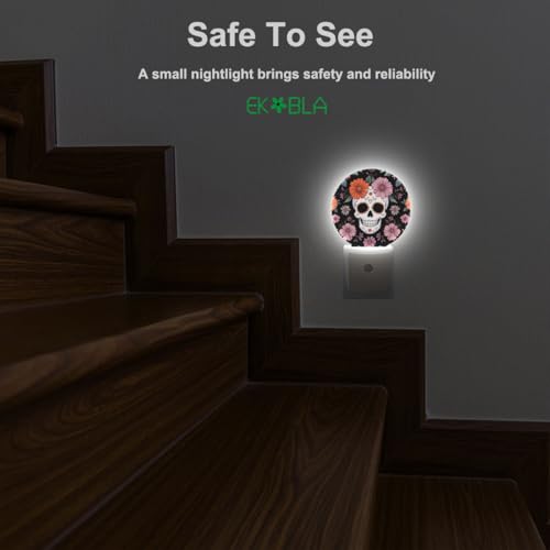 Image of EKOBLA Floral Skull Night Light, Skeleton and Flower Night Lights Plug Into Wall with Auto Sensor for Bedroom and Hallway